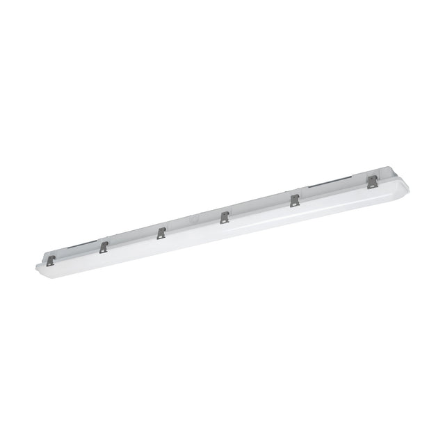 Emergency Light 148.8cm linear ceiling fitting in white plastic with a full-length diffuser and grey side clips, shown on a plain white background.