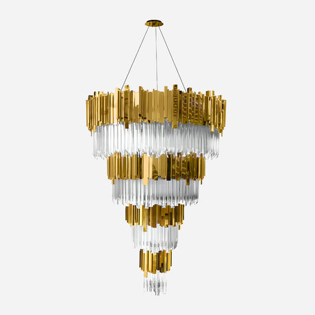 The Royal 30/53 Light Crystal Chandelier - Gold features cascading tiers of vertical, elongated glass pieces that glisten magnificently. This exquisite fixture is elegantly suspended by three delicate wires against a plain white background, embodying timeless elegance and sophistication.