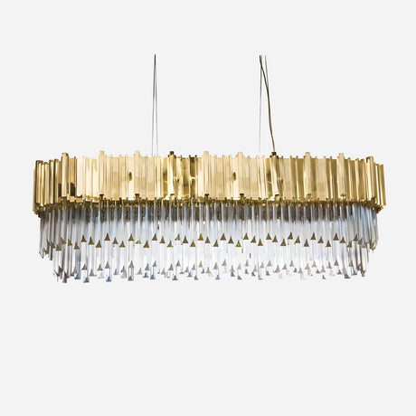 The Royal 8/12/16 Light Crystal Suspension Light - Gold features a sophisticated rectangular design with a luxurious gold finish and cascading crystal prisms, elegantly suspended by thin wires against a pristine white background.