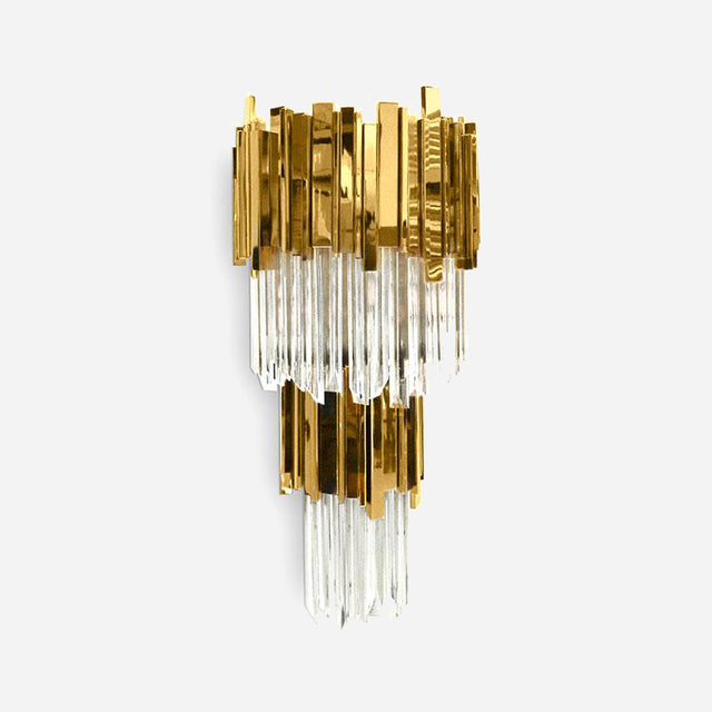 The Royal Crystal Wall Light - Gold, with its cascading design of vertical bars and prisms, creates an opulent appearance against a plain white background.