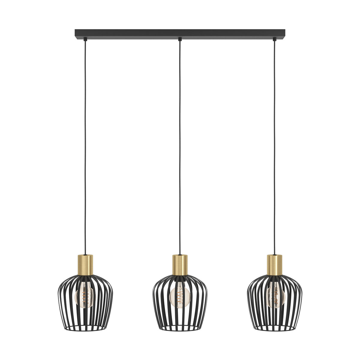 Empoli linear pendant light with a black ceiling bar and three open wire-cage shades in black steel with brushed brass lampholders, shown on a plain white background.