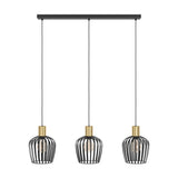 Empoli linear pendant light with a black ceiling bar and three open wire-cage shades in black steel with brushed brass lampholders, shown on a plain white background.