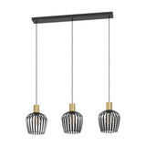 Empoli Linear Pendant Light featuring a black ceiling bar with three black wire-cage shades and brushed brass lampholders, shown on a plain white background.