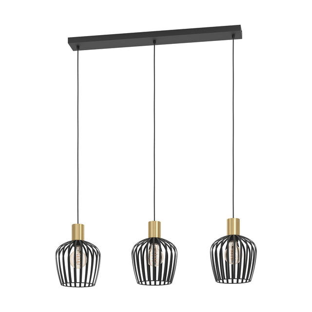 Empoli Linear Pendant Light featuring a black ceiling bar with three black wire-cage shades and brushed brass lampholders, shown on a plain white background.