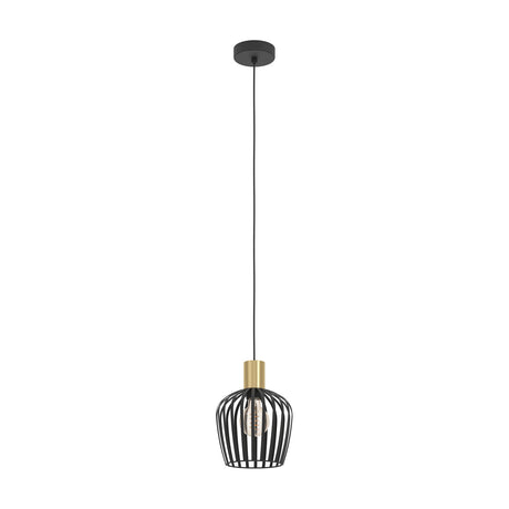 Empoli Pendant Light in black steel with an open cage shade and brushed brass lampholder cover, hanging from a black ceiling cup on a plain white background.