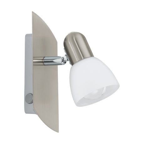 Enea single wall spotlight with a curved satin nickel backplate, chrome swivel arm, and white frosted glass shade with on/off switch, shown on a plain white background.