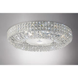 Diyas Enya 9 light crystal flush ceiling light with stacked square-cut crystal bands on a polished chrome frame and frosted white centre diffuser.