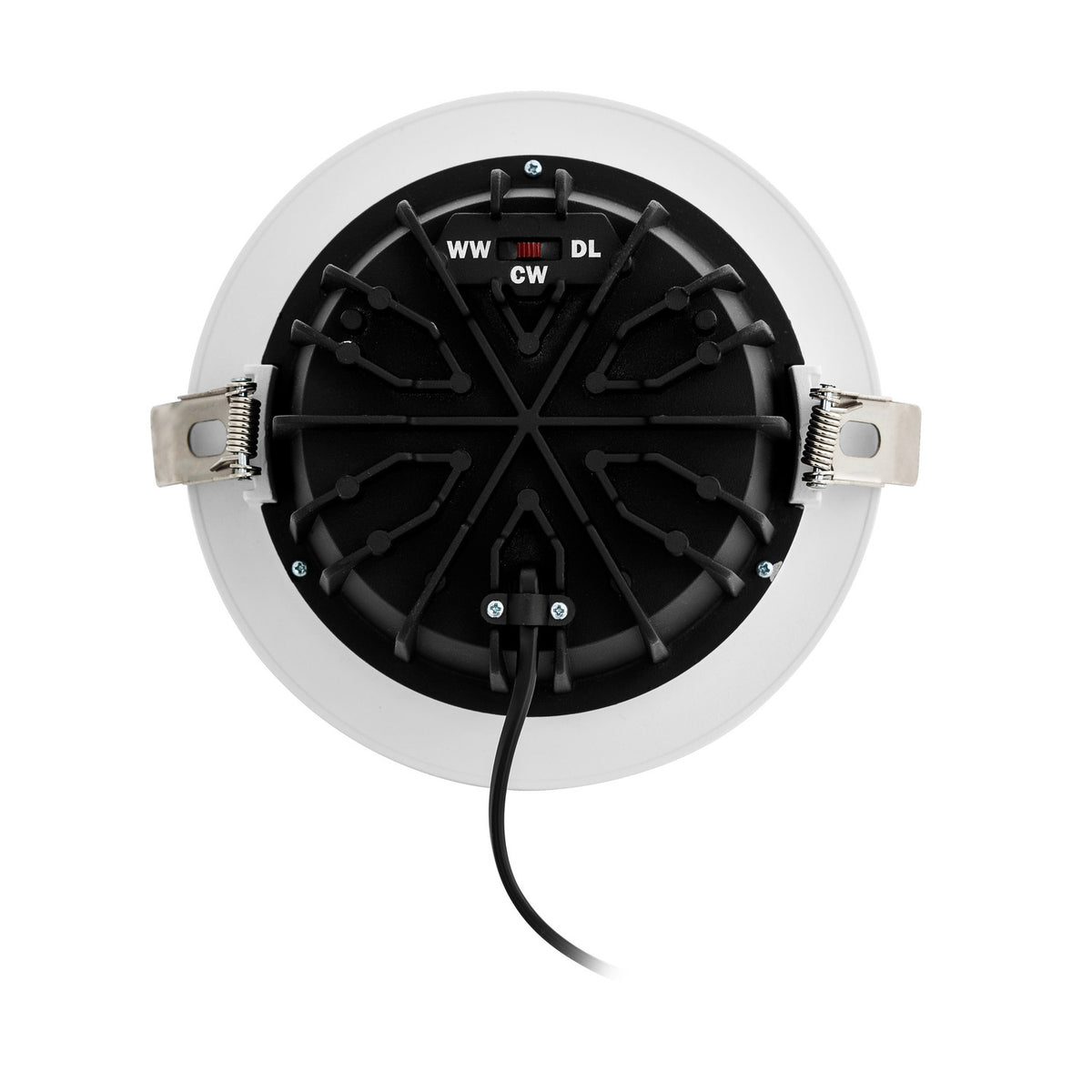 Rear view of the Erzeni LED Downlight 17.2cm in white, showing a black finned aluminium body, mounting clips, cable, and a WW/CW/DL colour temperature selector switch on a plain background.