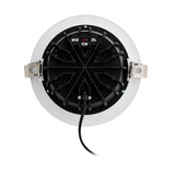Rear view of the Erzeni LED Downlight 17.2cm in white, showing a black finned aluminium body, mounting clips, cable, and a WW/CW/DL colour temperature selector switch on a plain background.