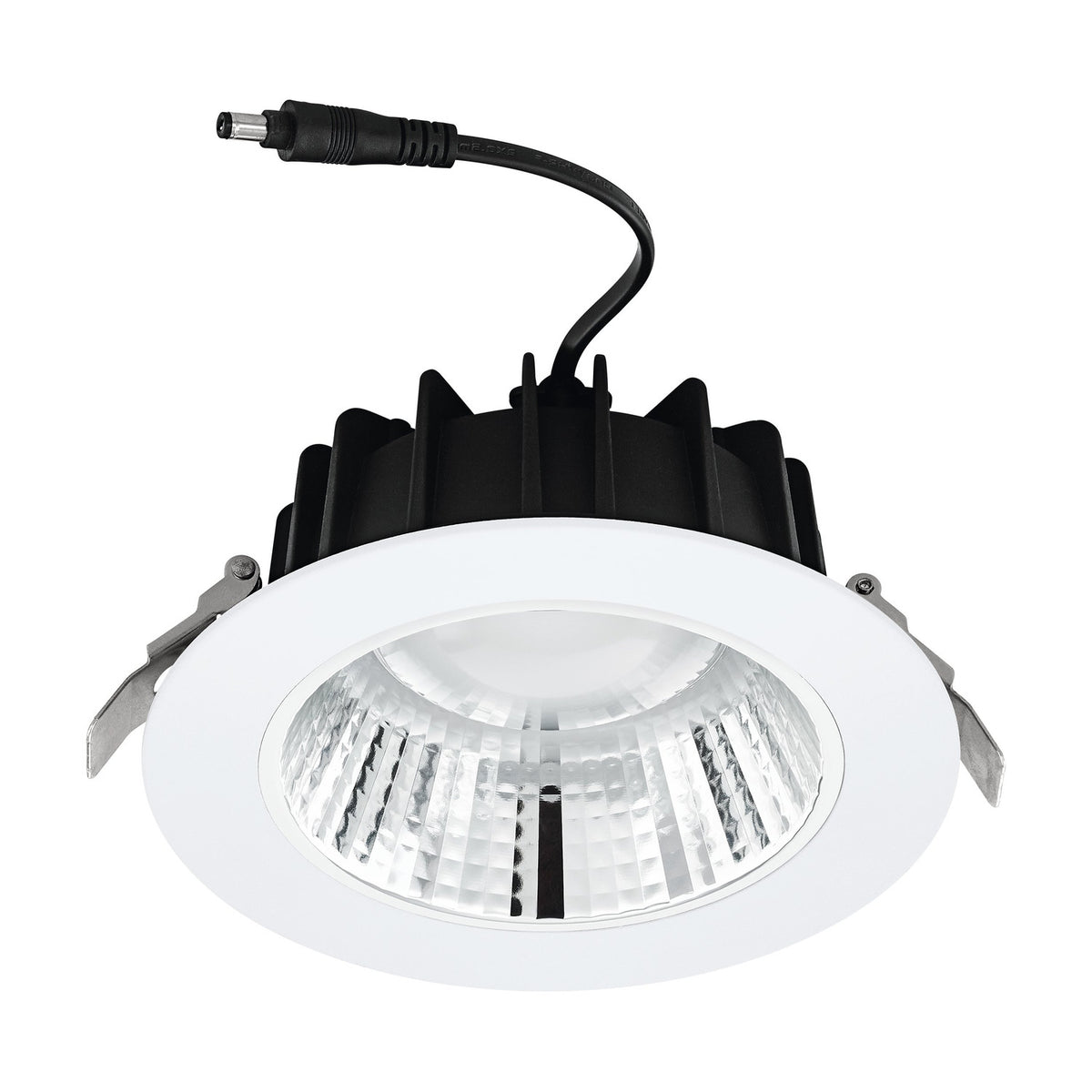 Erzeni LED Downlight 17.2cm in white, showing the round white bezel with faceted reflector, black finned aluminium body, and attached power cable, on a plain white background.