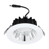 Erzeni LED Downlight 17.2cm in white, showing the round white bezel with faceted reflector, black finned aluminium body, and attached power cable, on a plain white background.