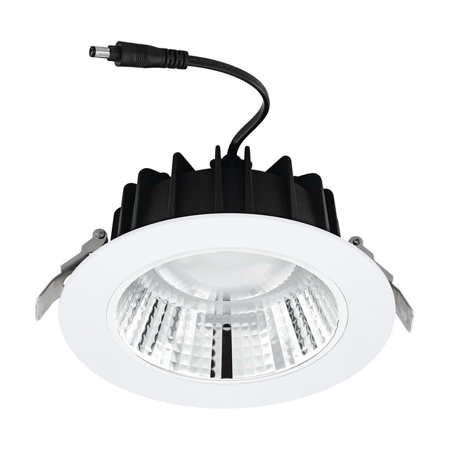 Erzeni LED Downlight 17.2cm in white, showing the round white bezel with faceted reflector, black finned aluminium body, and attached power cable, on a plain white background.