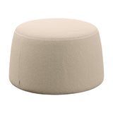 Esen Upholstered Outdoor Pouffe Ø60cm, a round beige fabric garden stool with a tapered drum shape and stitched seam, shown on a plain white background.