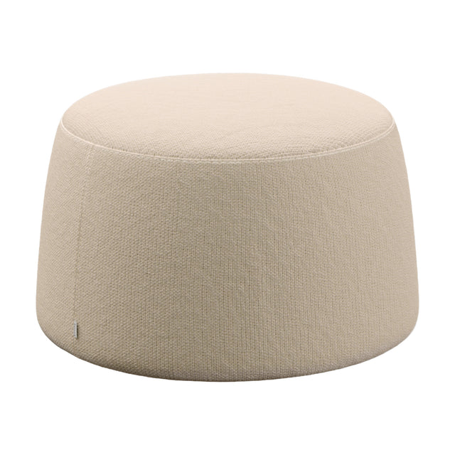 Esen Upholstered Outdoor Pouffe Ø60cm, a round beige fabric garden stool with a tapered drum shape and stitched seam, shown on a plain white background.