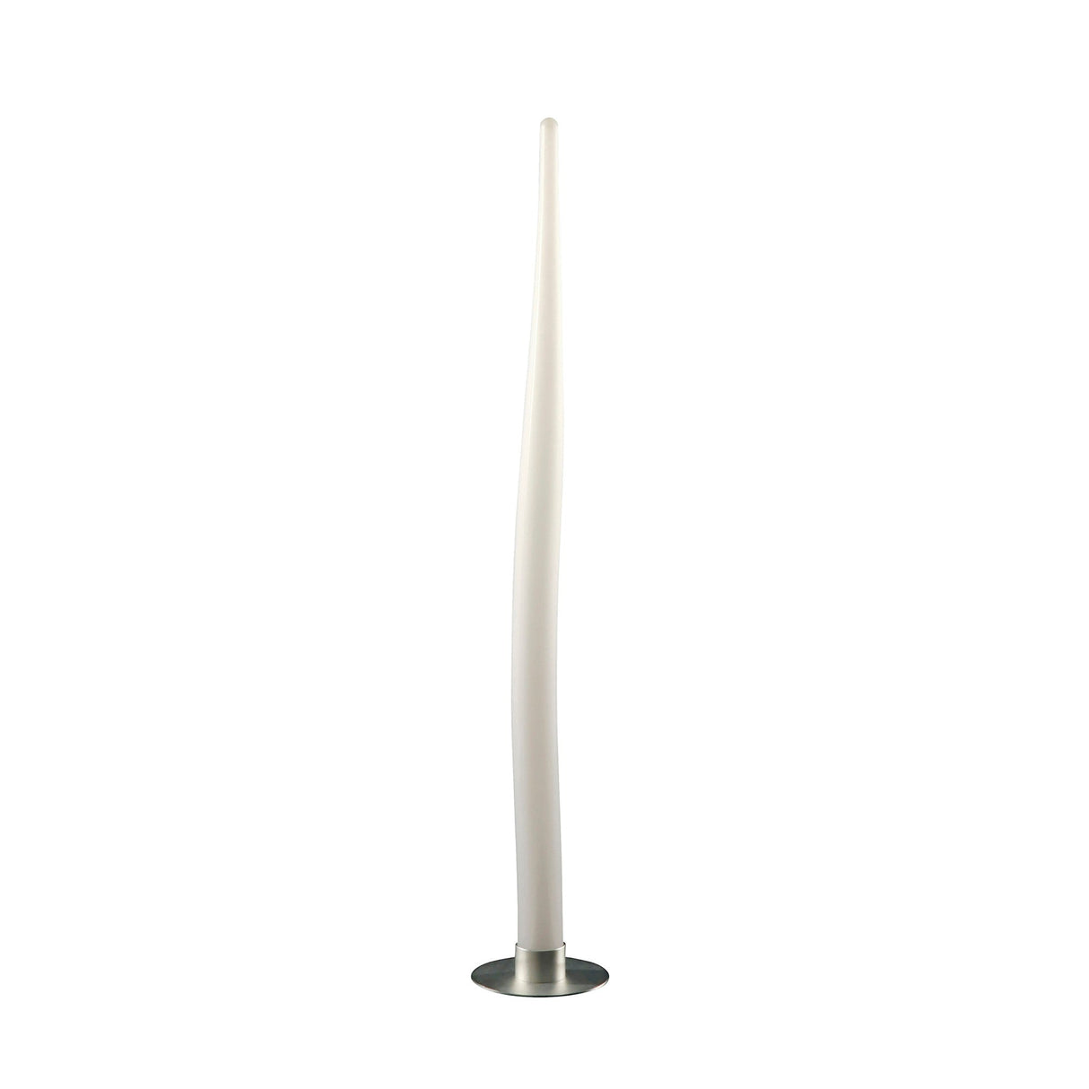 The Estalacta 1 Light Small Floor Lamp in Silver & Opal White features a tall, slender, slightly curved white body with a round silver base, offering an elegant accent against a plain white background.