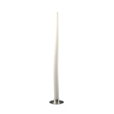 The Estalacta 1 Light Small Floor Lamp in Silver & Opal White features a tall, slender, slightly curved white body with a round silver base, offering an elegant accent against a plain white background.