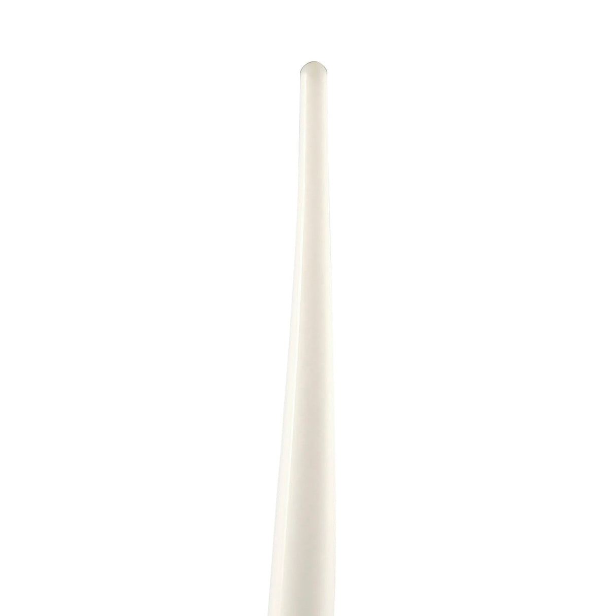The Estalacta 1 Light Small Floor Lamp, finished in silver and opal white, features a sleek, modern design with a smooth surface that stands vertically like an unlit taper candle against a plain background.
