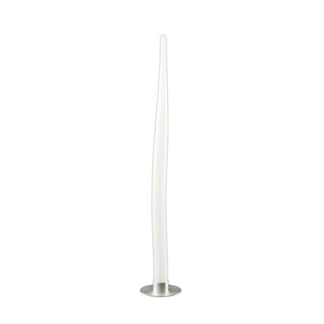 The Estalacta 1 Light Small Floor Lamp in Silver & Opal White features a tall, slender, gently twisting design on a round metallic base, creating a striking modern accent light against a plain white background.