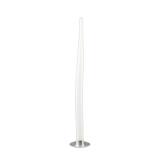 The Estalacta 1 Light Small Floor Lamp in Silver & Opal White features a tall, slender, gently twisting design on a round metallic base, creating a striking modern accent light against a plain white background.