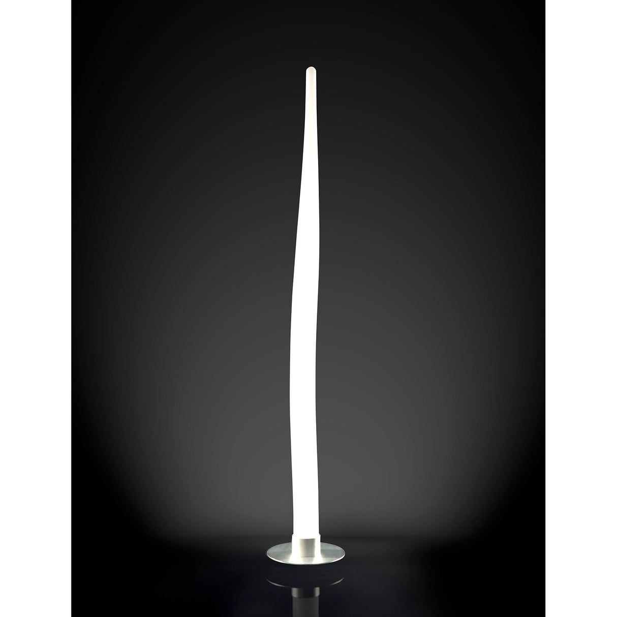 The Estalacta 1 Light Small Floor Lamp in Silver & Opal White features a slender, modern design with a tall, twisting white light on a small round base, serving as an elegant accent against a dark gradient background.