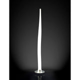 The Estalacta 1 Light Small Floor Lamp in Silver & Opal White features a slender, modern design with a tall, twisting white light on a small round base, serving as an elegant accent against a dark gradient background.