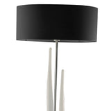 The Estalacta 3 Light Floor Lamp features a sleek silver stand, two sculptural accents, and a large black cylindrical shade—ideal as a statement piece for modern interiors.