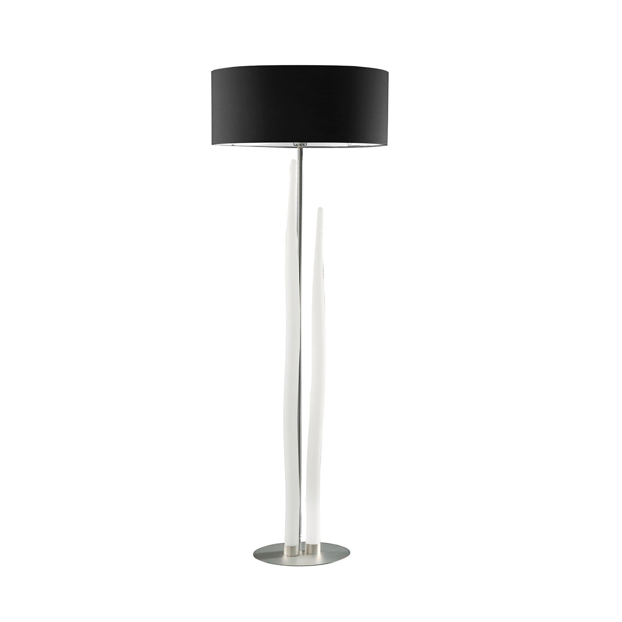 The Estalacta 3 Light Floor Lamp features a round black shade, two tall white curved stems, and a circular silver base—a striking statement piece for modern interiors, shown against a plain white background.