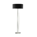 The Estalacta 3 Light Floor Lamp features a round black shade, two tall white curved stems, and a circular silver base—a striking statement piece for modern interiors, shown against a plain white background.