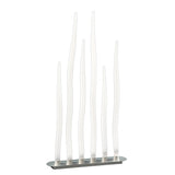 The Estalacta 6 Light Floor Lamp in Silver & Opal White features six tall, curved frosted tubes on a sleek oval base, evoking abstract reeds and adding sculptural elegance to any space.