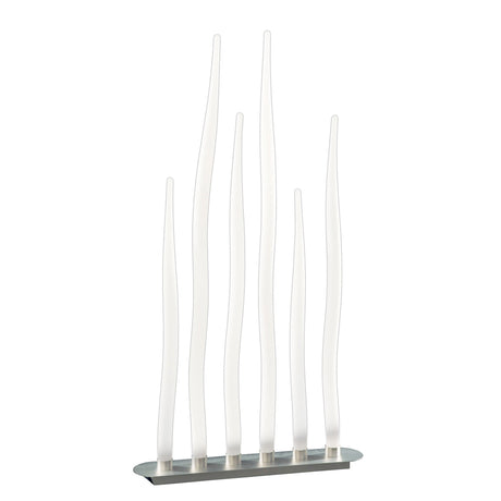 The Estalacta 6 Light Floor Lamp in Silver & Opal White features six tall, curved frosted tubes on a sleek oval base, evoking abstract reeds and adding sculptural elegance to any space.