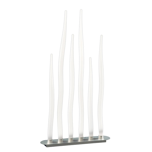 The Estalacta 6 Light Floor Lamp in Silver & Opal White features six tall, curved frosted tubes on a sleek oval base, evoking abstract reeds and adding sculptural elegance to any space.