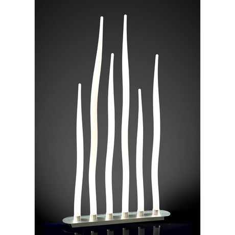 The Estalacta 6 Light Floor Lamp in Silver & Opal White features six sleek, wavy LED rods on an oval base, creating a modern sculptural lighting piece ideal for enhancing contemporary interiors.