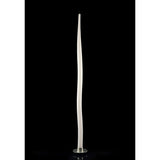 The Estalacta 1 Light Large Outdoor Floor Lamp in silver and opal white stands vertically on a round, clear base, its tall and slender sculptural form gently curved against a solid black background.