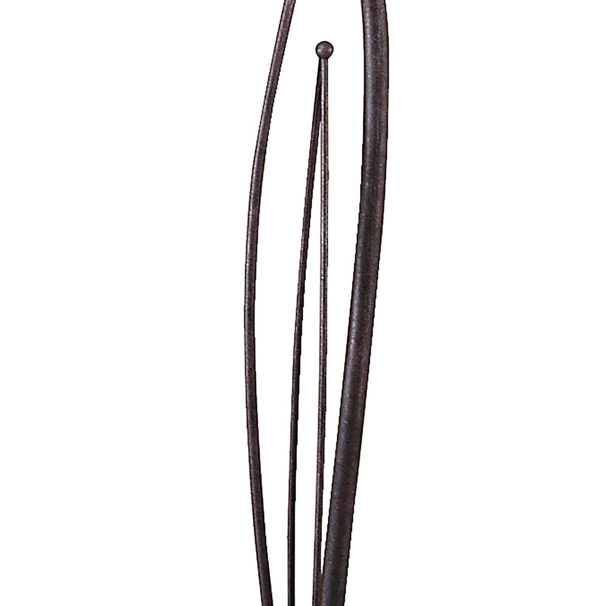 The Estilo 2 Light Floor Lamp in Brown & Black Oxide features a tall, slender design with curved metal lines and a central sphere near the top, evoking an abstract modern sculpture against a white background.