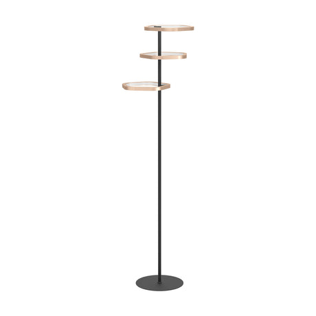 Estrella LED floor lamp with three bronze-ringed oval heads at staggered heights on a slim black steel stem, round black base, shown on a plain white background.