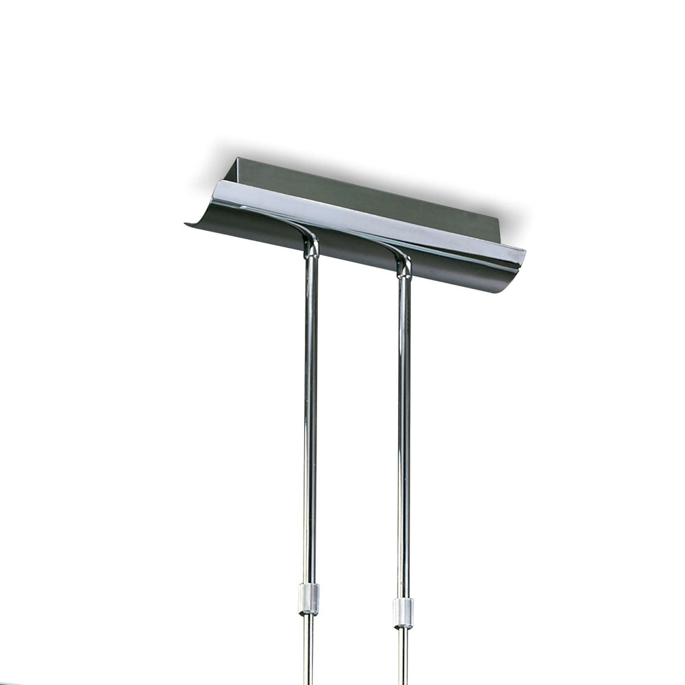 Euphoria linear pendant shown from below, with a polished chrome trough-shaped ceiling plate and twin suspension rods on a white background.