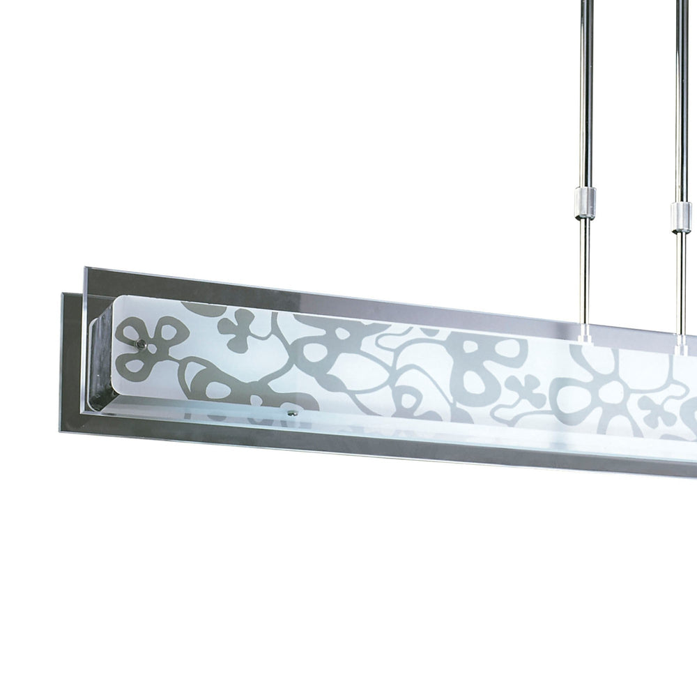 Euphoria linear pendant in polished chrome with etched glass panels showing a scroll pattern, suspended on slim rods against a white background.