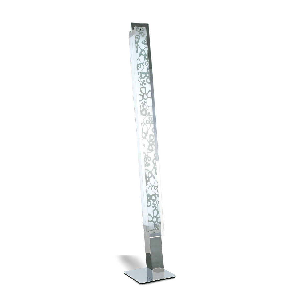 The Euphoria 2 Light Floor Lamp - Chrome is a modern, tall rectangular lamp with frosted glass panels featuring a decorative floral vine design, set on a square metal base for a striking sculptural lighting effect.