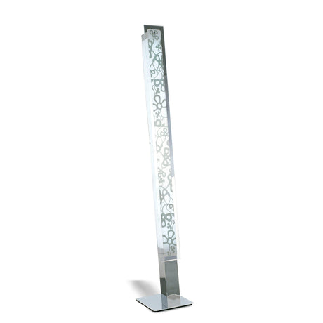 The Euphoria 2 Light Floor Lamp - Chrome is a modern, tall rectangular lamp with frosted glass panels featuring a decorative floral vine design, set on a square metal base for a striking sculptural lighting effect.