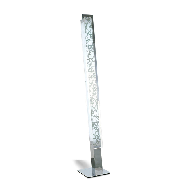 The Euphoria 2 Light Floor Lamp - Chrome is a modern, tall rectangular lamp with frosted glass panels featuring a decorative floral vine design, set on a square metal base for a striking sculptural lighting effect.
