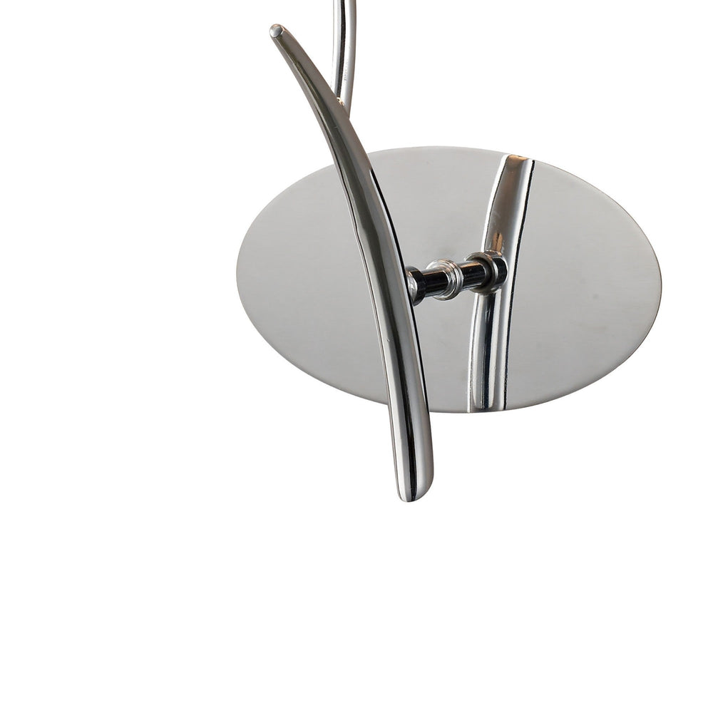 Close-up of the Eve wall light's polished chrome oval backplate and curved arm against a plain white background.
