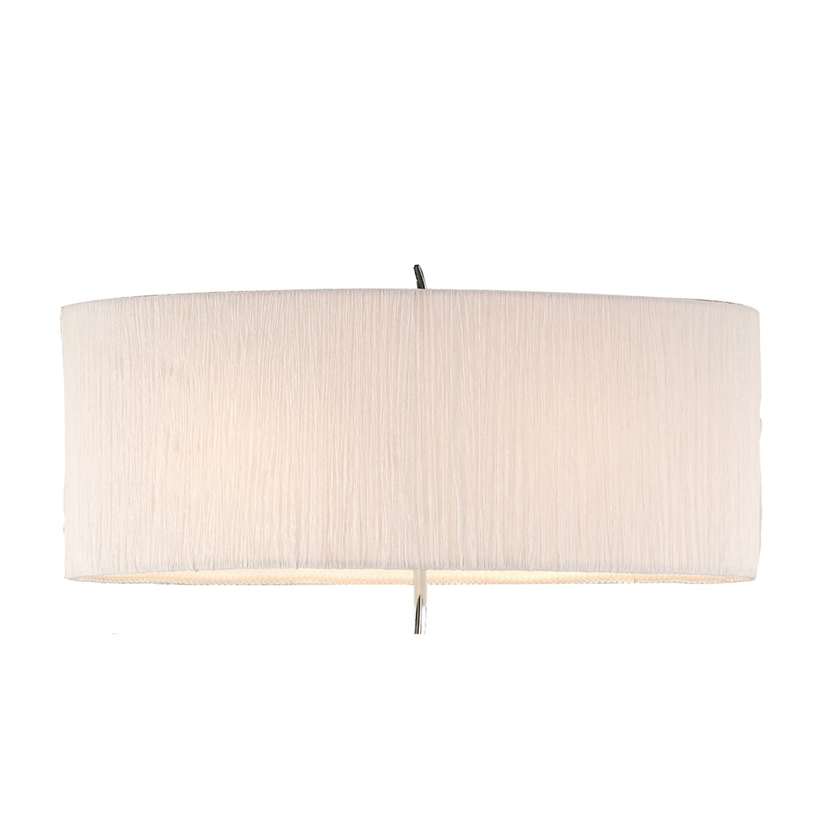 The Eve 2 Light Floor Lamp features a sleek chrome base and a white oval shade with a subtle texture, perfect for contemporary spaces, shown from the front against a plain white background.