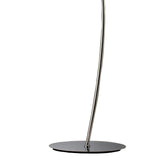 The Eve 2 Light Floor Lamp features a slender, slightly curved chrome pole on a shiny circular base, supporting a sleek black oval shade—an eye-catching addition to contemporary interiors.