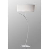 The Eve 2 Light Floor Lamp features a sleek curved chrome stand, round base, and a large white oval shade, standing out stylishly against a plain gradient background.
