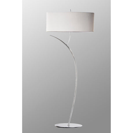 The Eve 2 Light Floor Lamp features a sleek curved chrome stand, round base, and a large white oval shade, standing out stylishly against a plain gradient background.