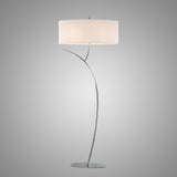 The Eve 2 Light Floor Lamp features a slim, curved chrome stand and a white oval shade, set against a plain gray background.