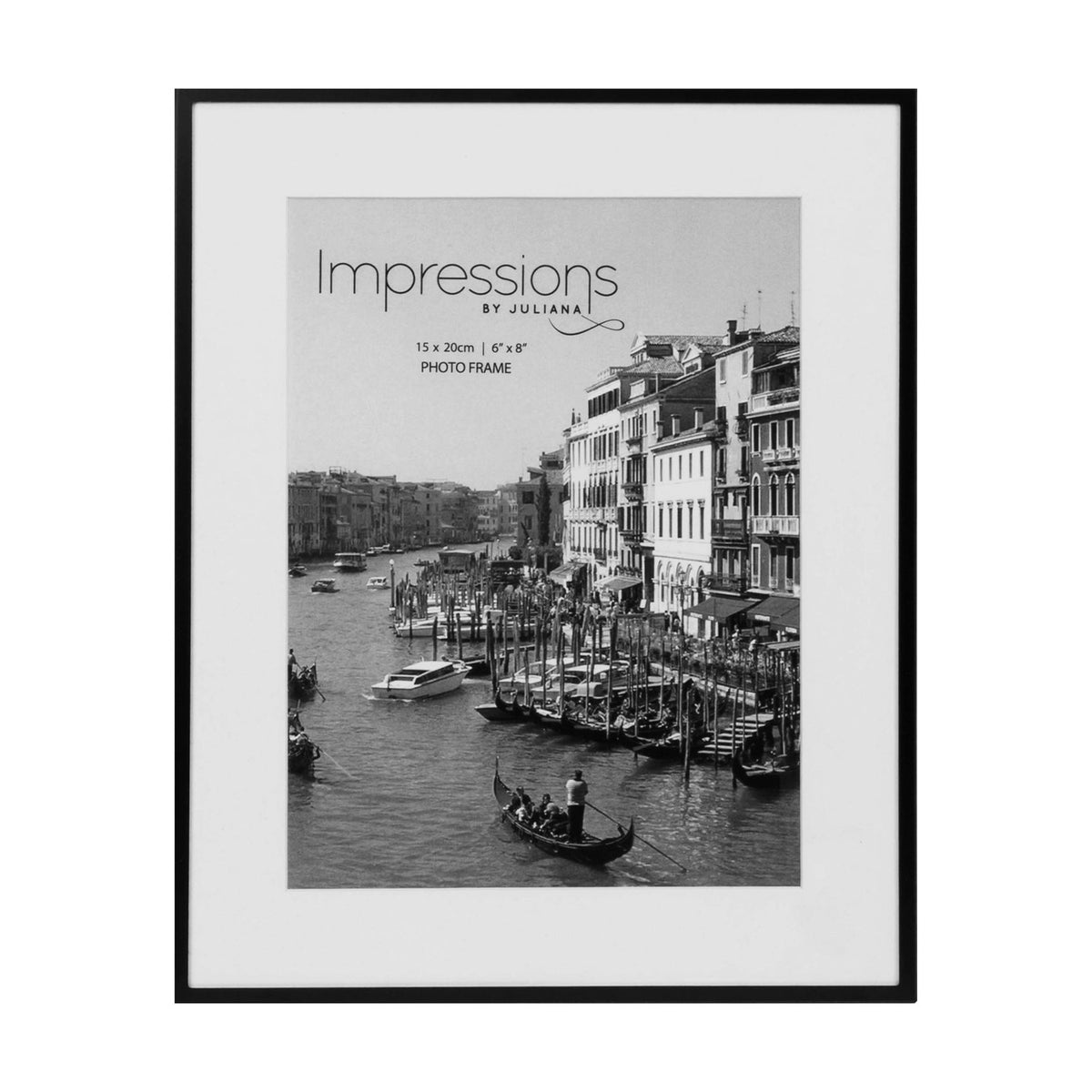 Rectangular black matt metal photo frame with a white mount, holding an 8 x 6in print, shown against a plain white background.