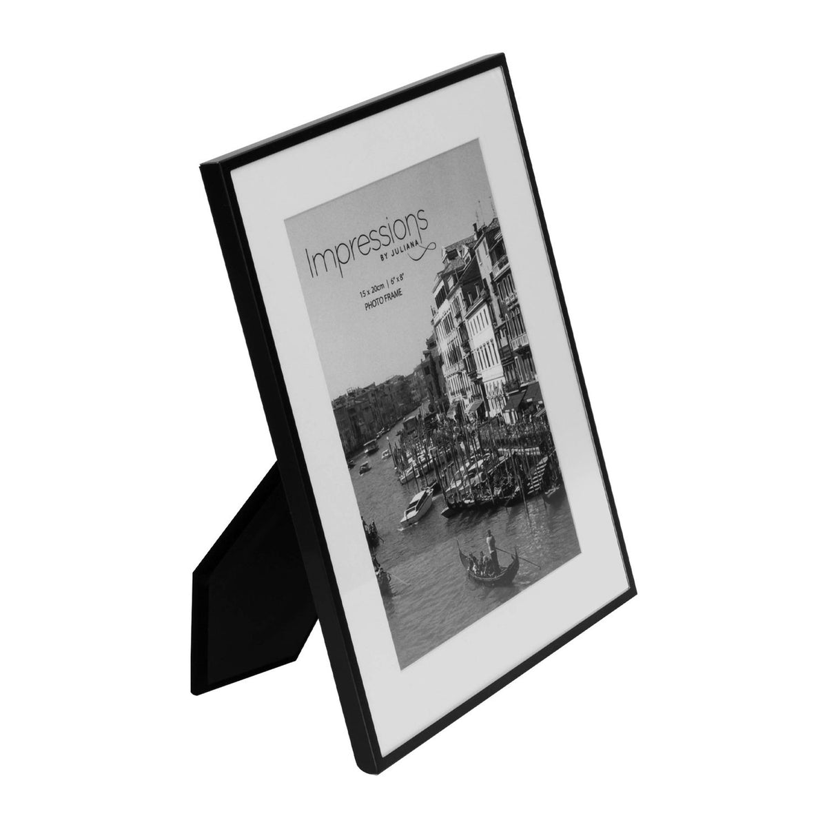 Matt black metal photo frame with white mount, holding an 8 x 6in rectangular print, shown at an angle with fold-out stand on a white background.