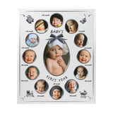 Silver metal multi-aperture photo frame with twelve round month-labelled openings around a central oval, "Baby's First Year" text, shown on a white background.