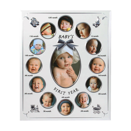 Silver metal multi-aperture photo frame with twelve round month-labelled openings around a central oval, "Baby's First Year" text, shown on a white background.